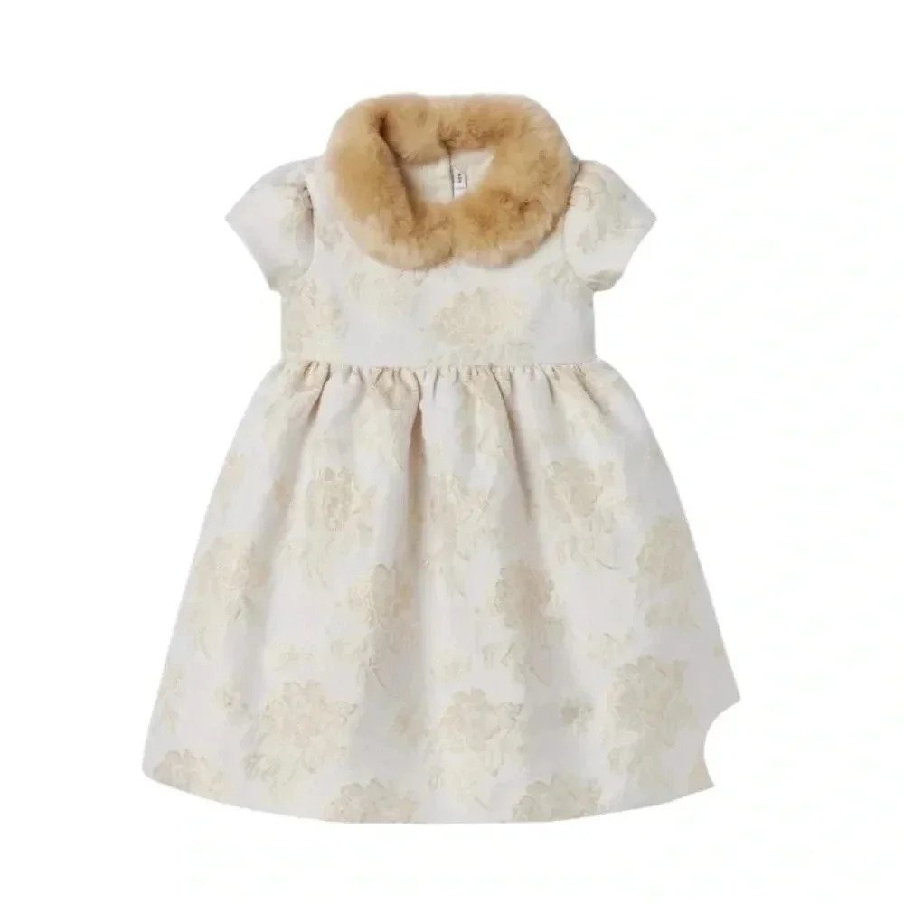 Janie and Jack Baby Girl Holiday Dress Size 12-18M Faux Fur Golden Ivory Floral